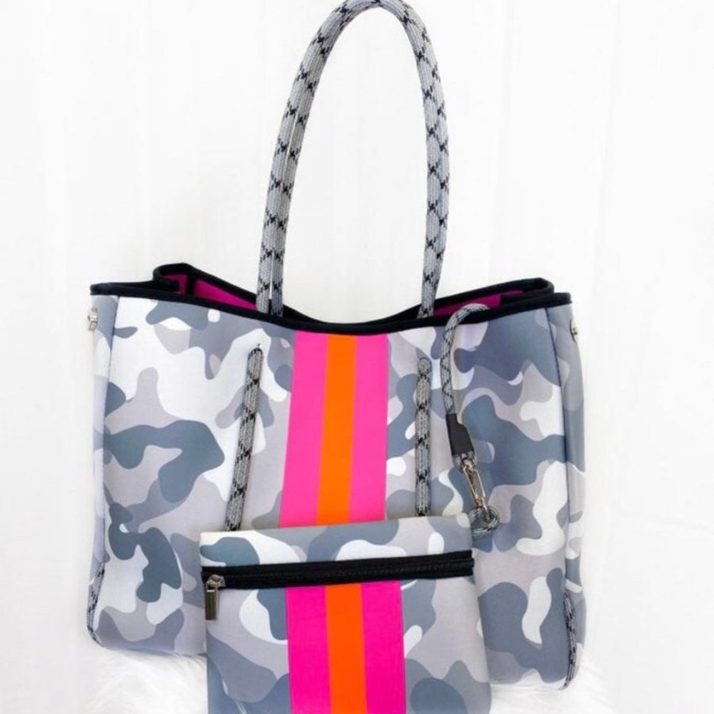 Grey Pink Army Print Neoprene Tote
